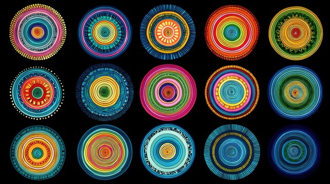 transmutation. Vibrant circular patterns representing drumbeat rhythms in an abstract composition. event programs, museum guides, designed for cultural heritage projects and event programs.
