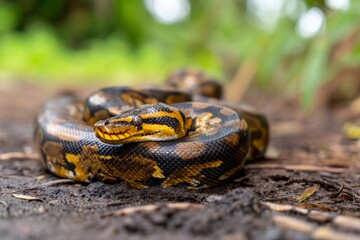 Python Snake Resting on Damp Ground in Lush Green Forest Environment