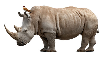 Obraz premium The Majestic Rhino: A magnificent rhinoceros stands tall, its robust frame and iconic horn symbolizing the raw power of nature. A small bird perches atop its head.