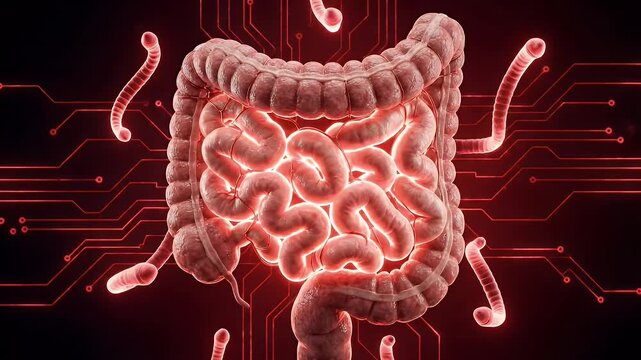 Scientific Visualization Tapeworm of the Human Intestines and Gut Microbiome.