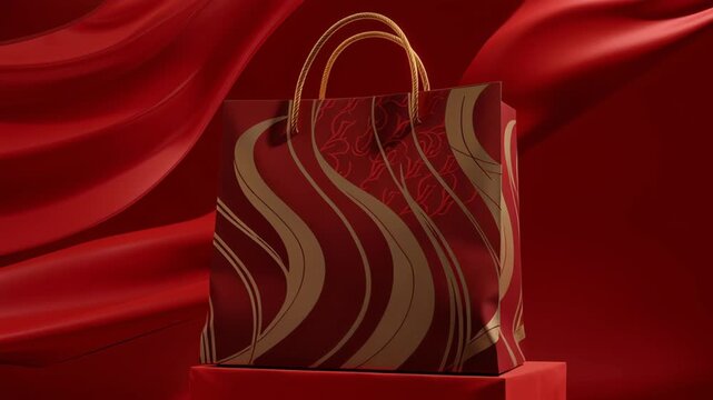 Red shopping bag with gold wave pattern and rope handles on flowing red fabric background elegant festive design, 4k video.