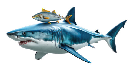 Fototapeta premium Mutualism: A striking composition that juxtaposes a great white shark and a tuna, illustrating the concept of symbiosis within the marine ecosystem.