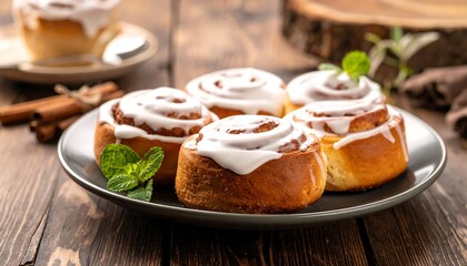 A plate of four sweet pastries on a wooden table