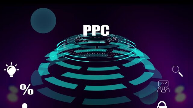 Digital advertising and ppc marketing strategy concept with futuristic glowing circular interface and icons, strategic search engine optimization and online ads background