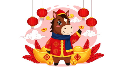 Fototapeta premium Happy Cartoon Horse Celebrating Chinese New Year with Red Lanterns Gold Ingots and Traditional Attire