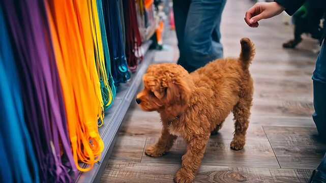 Young woman holding a fluffy brown puppy in a pet store aisle with colorful leashes on display

