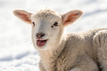 Obraz premium Adorable young white lamb with its mouth slightly open and tongue out looking curiously at the camera while resting in the bright sunny snow outdoors.