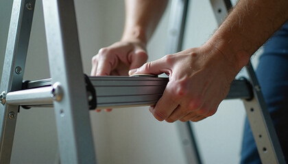 Obraz premium Hands securing stepladder locking mechanism during installation