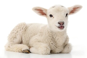 Obraz premium Adorable white newborn baby lamb with fluffy wool rests comfortably while sticking its tiny pink tongue out slightly against a clean bright white background
