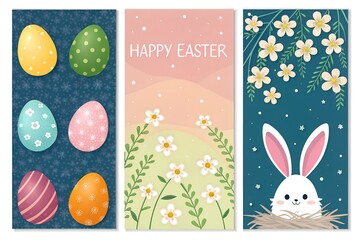 Collection of three vibrant vertical banners featuring distinct festive designs celebrating spring holidays with decorated eggs blooming flowers and an adorable bunny rabbit in a nest