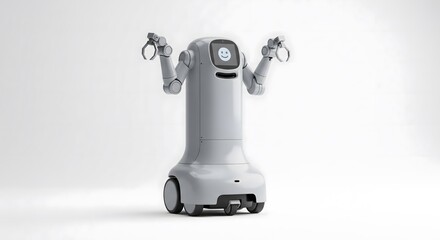 Fototapeta premium White robotic assistant with articulated arms on a white background.
