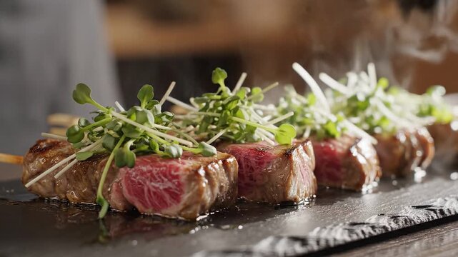 A professional chef's hand delicately places fresh microgreens onto beautifully skewered, glazed beef cubes resting on a dark slate platter in a moody restaurant setting.