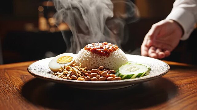A close-up captures a server's hand presenting a steaming plate of traditional Nasi Lemak, complete with coconut rice, sambal, peanuts, and egg, beautifully set on a dark wooden table.