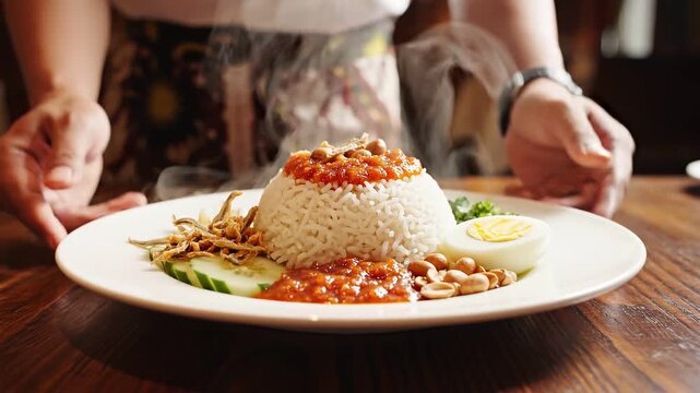 A close-up, low-angle shot highlights the Nasi Lemak on a dark wooden table
