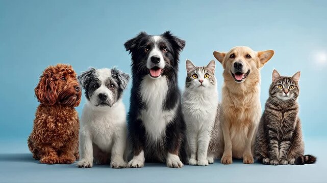 Group of dogs and cats sitting together against a blue background
