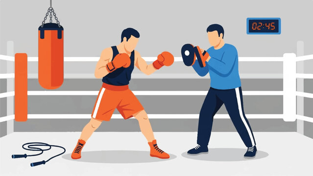 Boxing training session in a gym ring with an athlete and coach sparring.