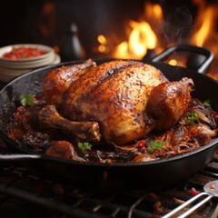 Roast Chicken Cooking on Open Fire