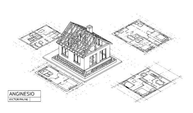 Title
Isometric house construction project with blueprint plans minimal flat vector illustration