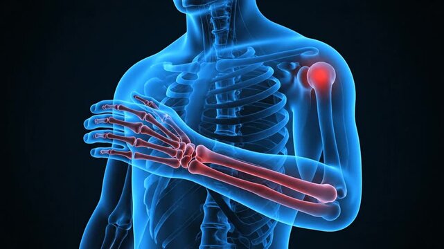 Digital human anatomy rendering of upper body skeleton with arm and shoulder pain