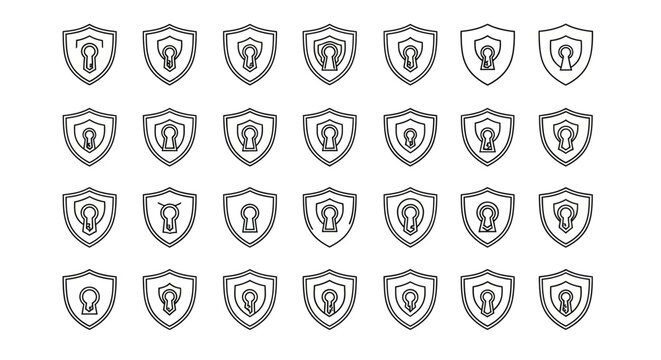 Cyber Security Shield and Protection Badge Icons Collection Representing Data Safety, Network Defense, Privacy Protection, Secure Access, Encryption Systems, Digital Risk Management, Information Secur