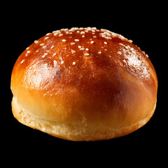 Freshly baked loaf of bread and golden buns with sesame seeds are isolated on white for a delicious bakery breakfast snack or tasty hamburger meal