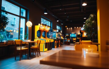 Dynamic Interior of a Dark Game Zone with Arcade Machines and Unique Lighting