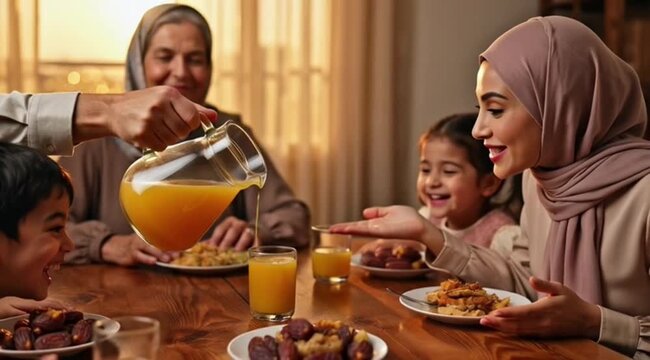 High definition cinematic video of a multigenerational Muslim family seated around a handcrafted wooden dining table during iftar grandmother blessing the meal father pouring juice mother laughing wit