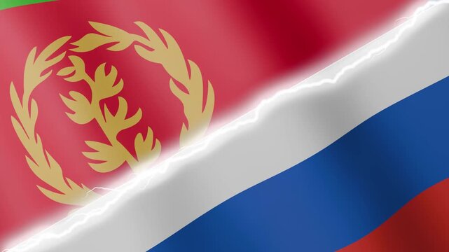 Two waving flags Eritrea and Russia with diagonal lightning seamless, 4k loop