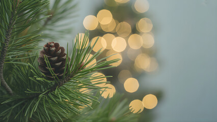 Pine Tree Branch with Pinecone and Christmas Lights
