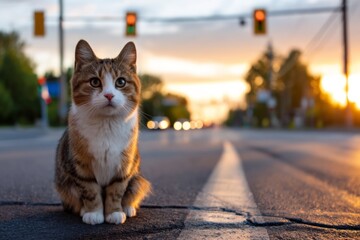 Cat Sitting Alone on Empty Street Intersection at Dusk in Small Town