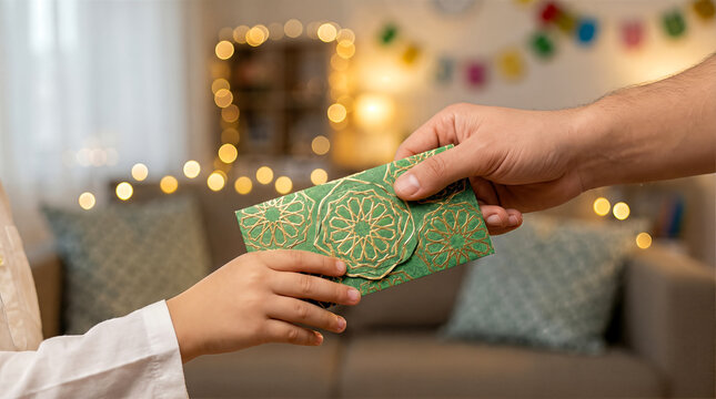 Adult hand giving green decorative money packet to child for Eid THR, a blurred living room with festive decorations, soft bokeh lights