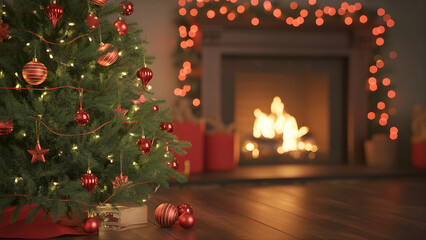 Christmas Tree Decorated with Red Ornaments in Front of Fireplace