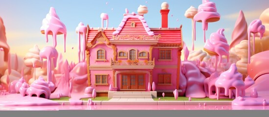 Obraz premium Whimsical Pink Candy Land House with Swirling Lollipop Trees and Sweet Scenery.