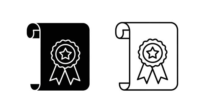 Vector black and white certificate scroll icon with a star medal and ribbon, isolated on a transparent background for UI or app design.