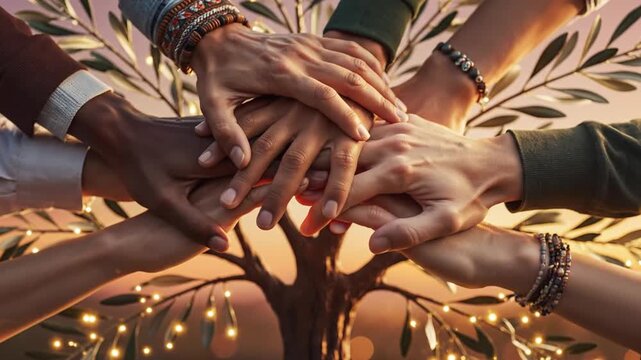 Diverse hands unite over glowing tree at golden hour sunset