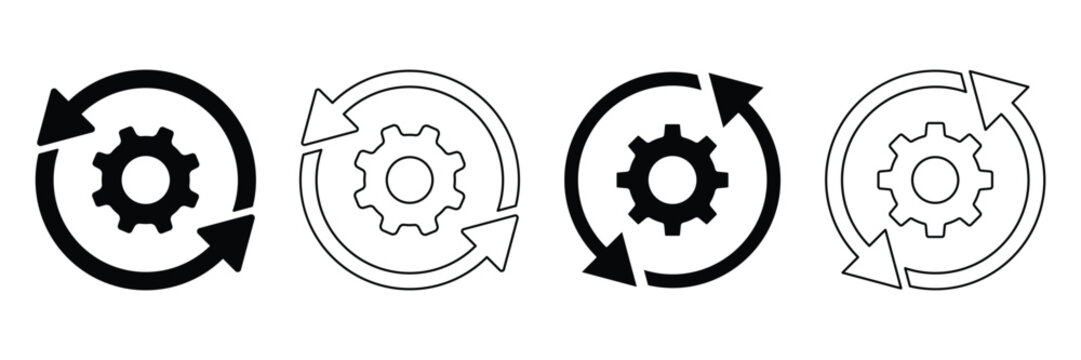 Sync process and workflow icon. Cycle icons representing refresh process gears. Blue line and solid icons.