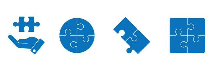 Puzzle pieces icon set. Puzzle jigsaw isolated blue icon set.
