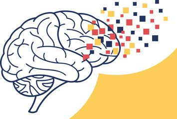 Pixelated AI Brain Dissolving Concept Icon Representing Digital Intelligence, Data Processing, and Artificial Thought