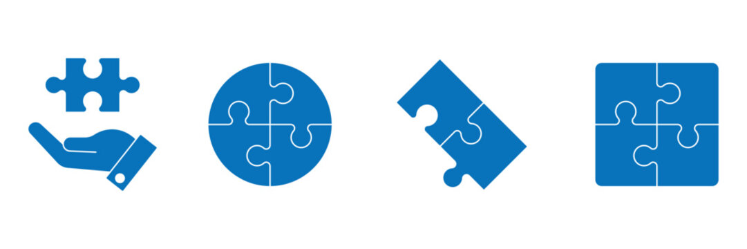 Puzzle pieces icon set. Puzzle jigsaw isolated blue icon set.
