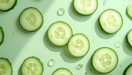 "Fresh cucumber slices arranged on a light green surface with droplets of water, symbolizing health, nutrition, culinary ingredients, and refreshing natural food presentation."