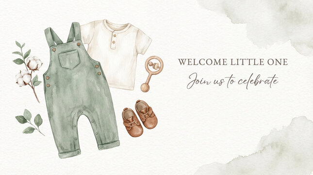 Baby shower invitation, welcome little one, baby clothes, watercolor design