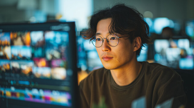 コーディングとUIデザインを同時に進めるWebデザイナーの仕事シーン、デスクで集中する制作現場 ディレクター業務