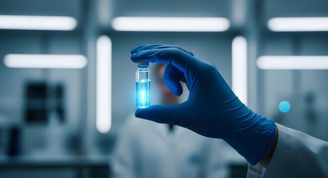 Scientist handling glowing blue vial in laboratory setting