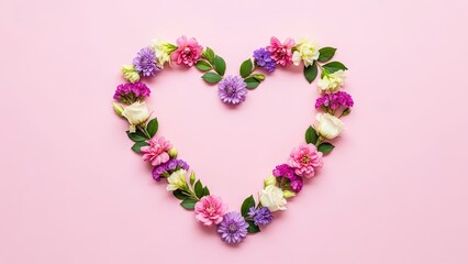 Obraz premium Heart shaped floral arrangement on pink background for valentine's day or love concept