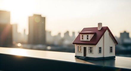 Miniature model house placed on table with city skyline in background