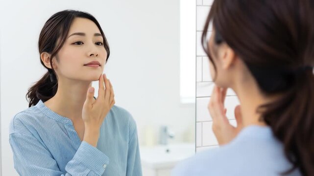 30代日本人女性が肌の状態をチェック
