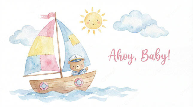 Sailboat baby shower invitation, cute teddy bear sailor, nautical theme