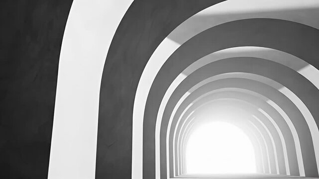 Monochromatic architectural tunnel with curved arches and bright exit light