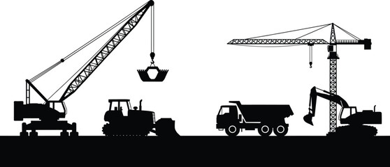 Construction equipment silhouette illustration, crane bulldozer dump truck excavator vector art, building site machinery concept, industrial earthmoving scene  © MstMarufa