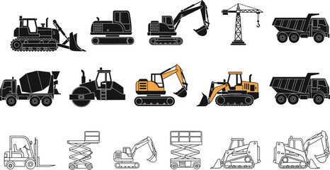 Construction heavy equipment set including excavator, bulldozer, crane, dump truck and forklift isolated on white background © MstMousumi